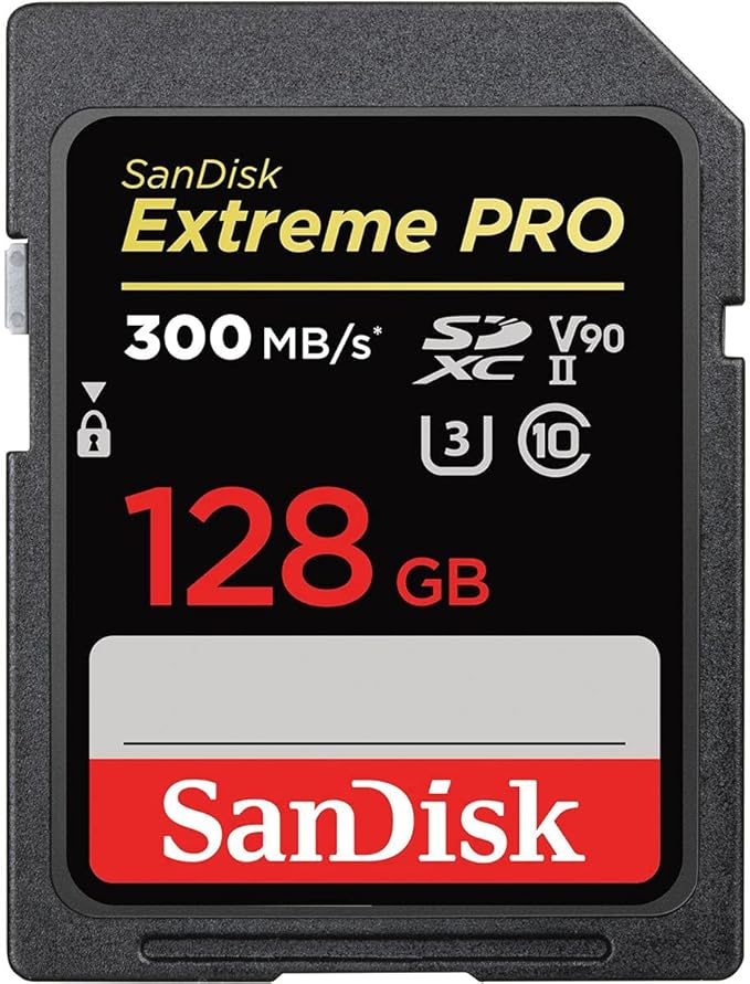 SanDisk 128GB Extreme PRO SDXC card, SD Card, V90 Memory Card, 8K, 4K and Full HD Video, up to 300 MB/s, Shock, Temperature, Water and X-Ray Proof, UHS-II, Class 10, U3,