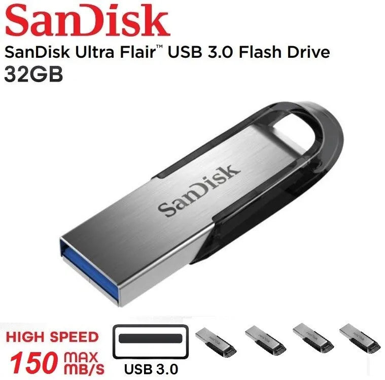 SanDisk 126905 Ultra Flair 32 GB USB 3.0 Flash Drive, Upto 150MB/s read - silver/Black