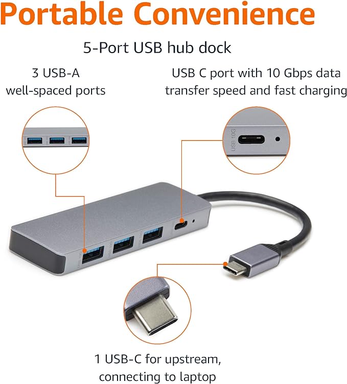 USB 3.2/3.1 Gen 2 Hub Dock, 10 Gbps, USB-C to 1 x USB-C/3 x USB-A, Works with Windows/Mac, Silver, Black