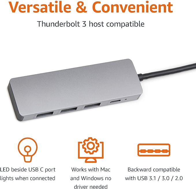 USB 3.2/3.1 Gen 2 Hub Dock, 10 Gbps, USB-C to 1 x USB-C/3 x USB-A, Works with Windows/Mac, Silver, Black