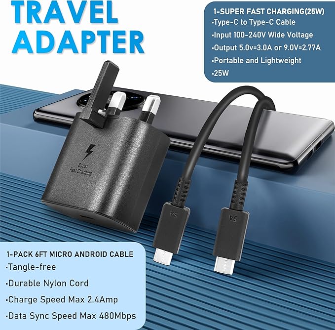 Samsung Phone 25W Fast Charger Plug w/ 6 FT USB C Cable Compatible w/ Galaxy Smartphones & Other USB Type C Devices，Samsung Charger Cable Fast Charge，Fast Charger Usb C