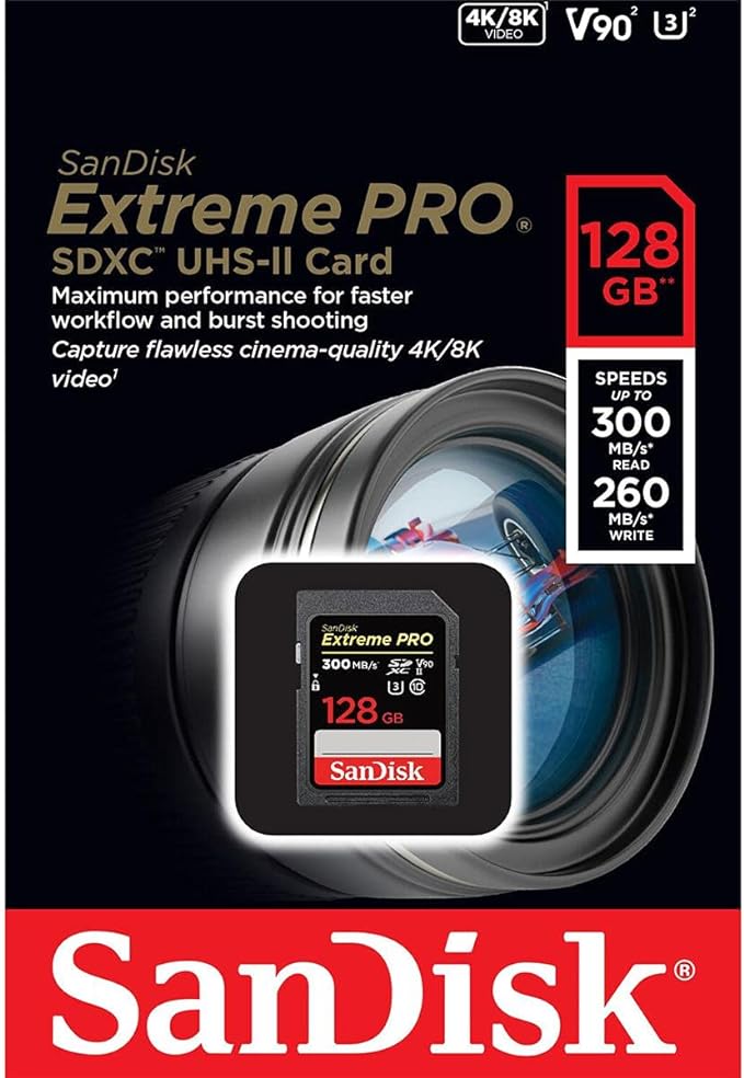 SanDisk 128GB Extreme PRO SDXC card, SD Card, V90 Memory Card, 8K, 4K and Full HD Video, up to 300 MB/s, Shock, Temperature, Water and X-Ray Proof, UHS-II, Class 10, U3,