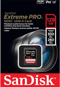 Thumbnail for SanDisk 128GB Extreme PRO SDXC card, SD Card, V90 Memory Card, 8K, 4K and Full HD Video, up to 300 MB/s, Shock, Temperature, Water and X-Ray Proof, UHS-II, Class 10, U3,