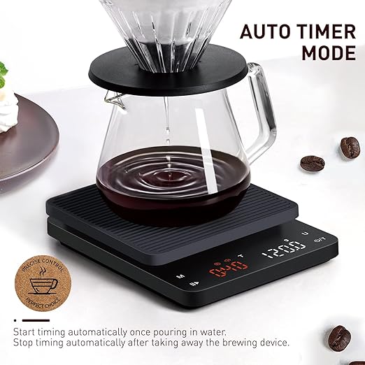 BAGAIL Digital Coffee Scale with Timer, 0.1g High Precision Electronic Kitchen Scale with Large Display, Auto Tare and Touch Sensor Button, Rechargeable Weighing Scale for Drip Coffee, Max Weight 3kg