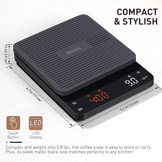 BAGAIL Digital Coffee Scale with Timer, 0.1g High Precision Electronic Kitchen Scale with Large Display, Auto Tare and Touch Sensor Button, Rechargeable Weighing Scale for Drip Coffee, Max Weight 3kg