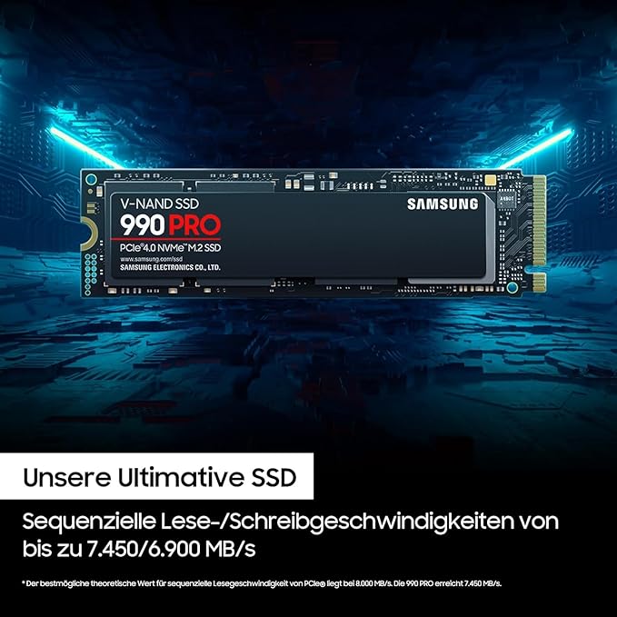 Samsung 990 PRO NVMe M.2 SSD, 2 TB, PCIe 4.0, 7,450 MB/s read, 6,900 MB/s write, Internal SSD, For gaming and video editing, MZ-V9P2T0BW