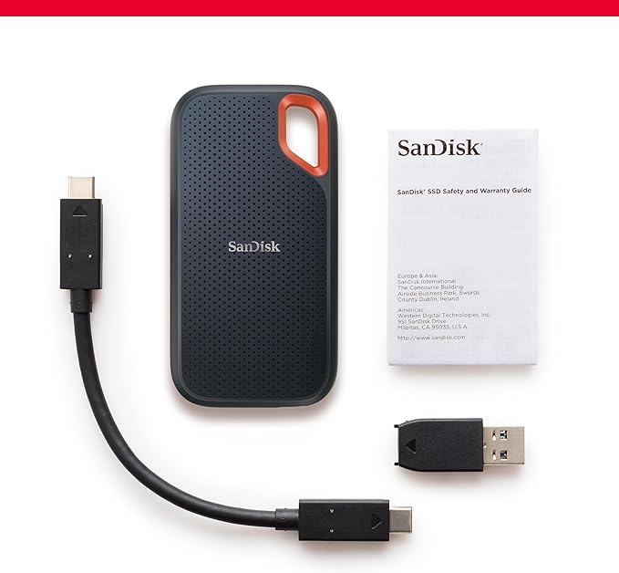 Sandisk 2TB Extreme Portable SSD external drive, up to 1050 MB/s, read, 1,000MB/s write, external SSD, USB-C, solid state drive, IP65 rated for dust and water resistance