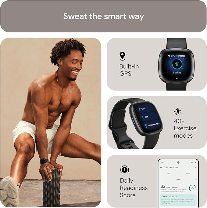 Fitbit Versa 4 Fitness Smartwatch with built-in GPS and up to 6 days battery life - compatible with Android and iOS.