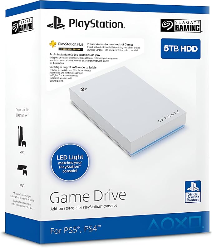 Seagate Game Drive for PS4/PS5, 5 TB, External HDD, USB 3.0, Officially Licensed, Blue LED, incl 2 weeks Playstation+ (STLV5000202)