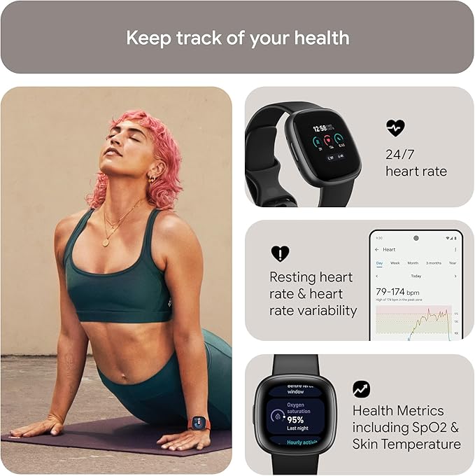 Fitbit Versa 4 Fitness Smartwatch with built-in GPS and up to 6 days battery life - compatible with Android and iOS.